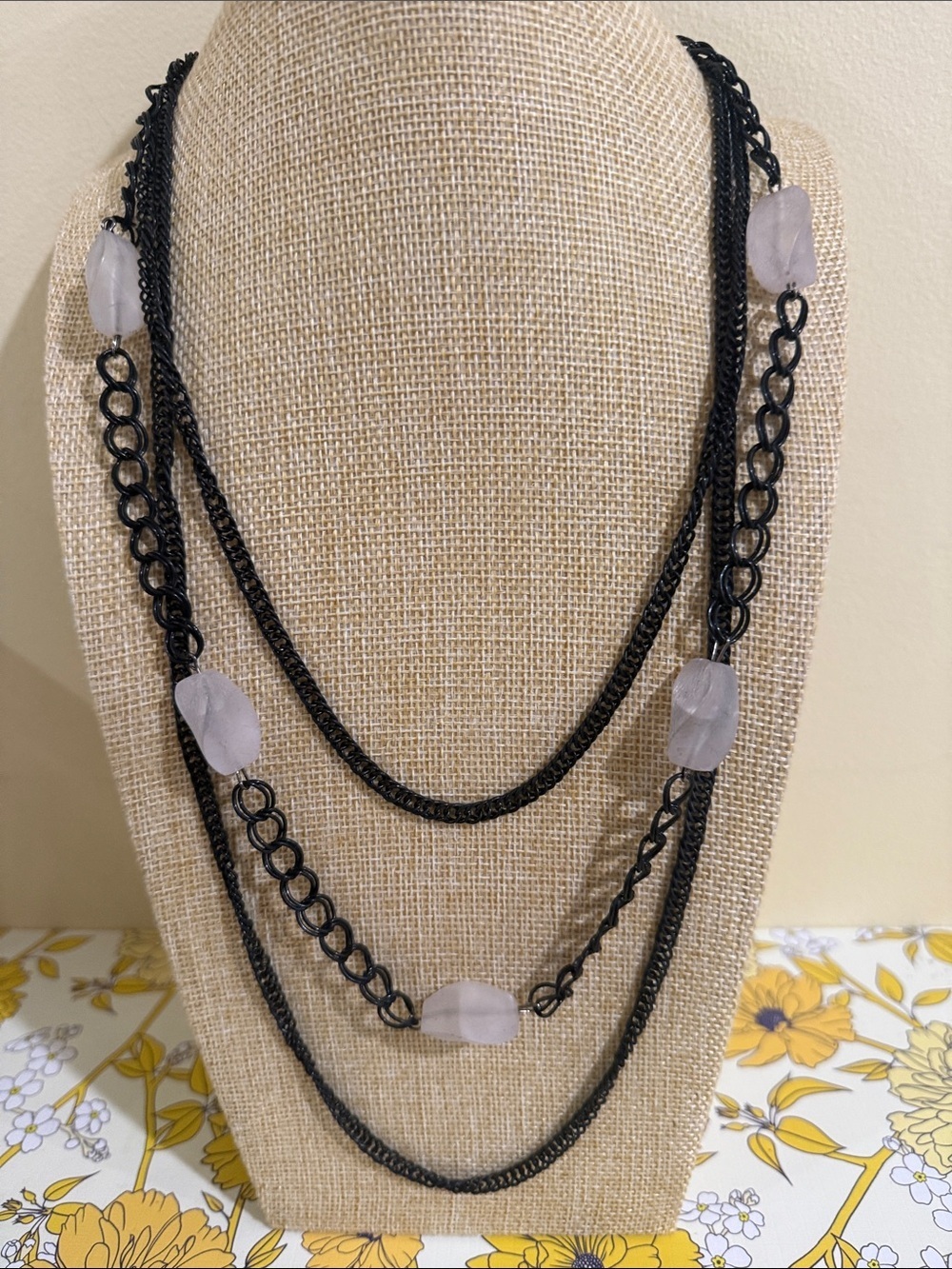 Multi-Strand Black Necklace with light Lavender Stone Accents 18”-30”